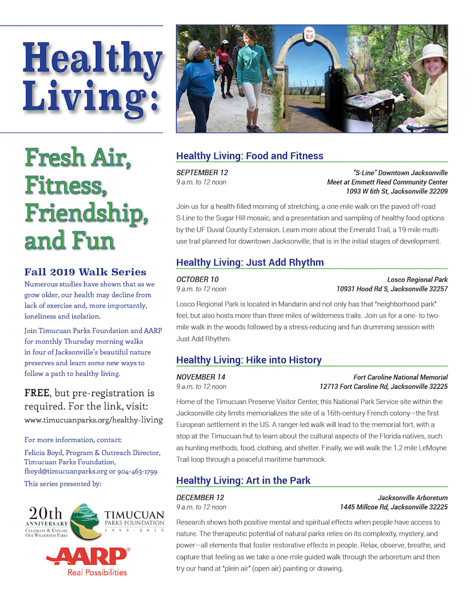 Flyer for Healthy Living Walk Series for Fall 2019 at 4 parks